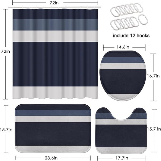 Bathroom Sets with Shower Curtain and Rugs 4 Pcs, Geometric | Striped Minimalist Navy Blue Bathroom Decor Set with Toilet Lid Cover, Non-Slip Bath Mats and Accessories 12 Hooks