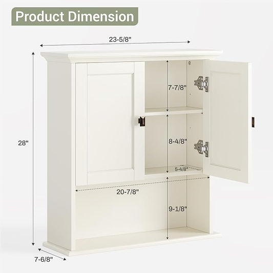 Bathroom Wall Cabinet, Wooden Medicine Cabinet Over Toilet Storage Cabinet with Doors and Adjustable Shelf Wall Mounted Storage Organizer Cabinet Above Toilet (Cream White)
