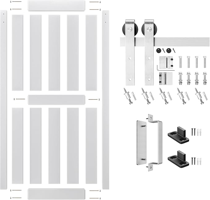 38''x84'' Sliding Barn Door with 6.6 Ft Brushed Nickel Hardware | Pre-Drilled Holes Easy Assembly - Include Installation Manual, Water-Proof PVC Surface, H-Frame, White