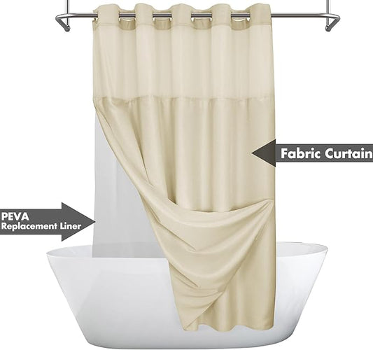 River Dream No Hook Shower Curtain with Snap-in Liner Set, Linen, 71x74 | Snap on/off Waterproof PEVA Liner, See Through Top Window, Slub Textured, Hotel Style Shower Curtain Set, Standard Size