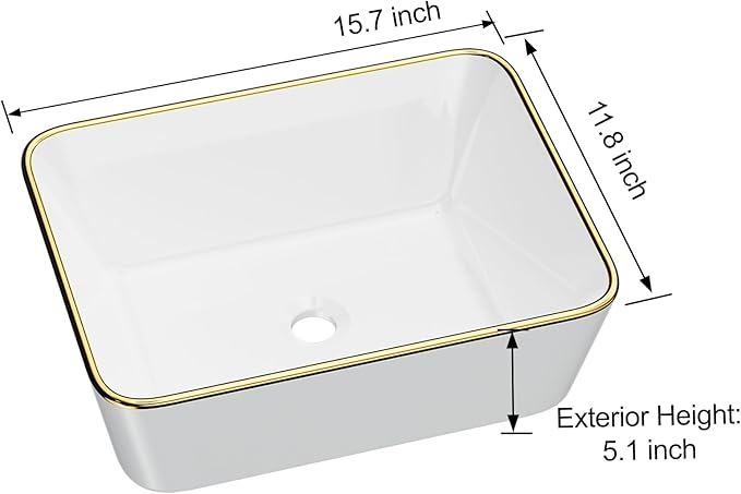 Bathroom Vessel Sink Rectangle, Hugsleek 16 x 12 inch White Porcelain Ceramic Vessel Sink with Gold Rim Above Counter Rectangular Bath Sink Bowl Basin Lavatory Vanity Sinks Restroom Countertop
