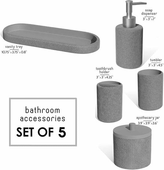 Clara Clark Bathroom Set - Grey Bathroom Accessories Set, 5PC Bathroom Accessory Set, Bathroom Sets with Soap Dispenser, Toothbrush Holder, Tumbler, Cotton Swab Jar & Vanity Tray