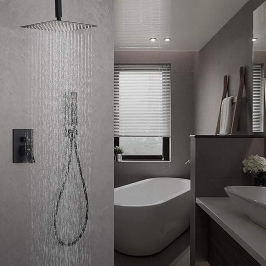 Iriber Matte Black Ceiling Mount Rain Shower System with 12 Inch Shower Head and Handheld Bathroom Square Shower Faucet Set Contain Shower Mixer and Trim Kit (Valve Included)