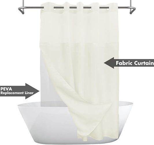 Extra Long No Hook Slub Textured Shower Curtain with Snap-in PEVA Liner Set - 71" x 98"(96"), Hotel Style with See Through Top Window, Cream Fabric Curtain & Waterproof Liner, Sand, W71xH96 | 71W x 98H, Snap on/off Waterproof PEVA Liner, See Through To...