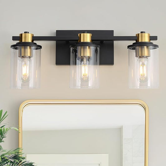 LOUSACE Bathroom Light Fixtures Black and Gold, 3 Light Bathroom Vanity Light, Modern Bathroom Light over Mirror with Clear Glass Shades, Brushed Gold Socket Wall Vanity Lighting Fixtures for Bathroom