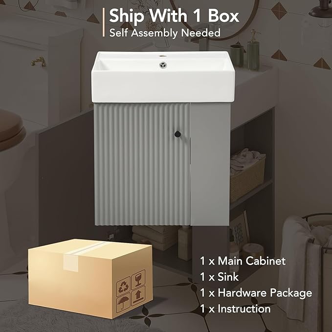21.6 in Floating Bathroom Vanity with Sink,Soft Closing Doors,Solid Wood Frame & MDF Modern Single Small Bathroom Vanity Cabinet with Open Shelf,Wall Mounted (Grey,Right Shelves)