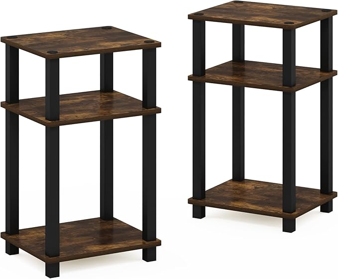 Furinno JUST Toolless 3-Tier Side Table Set of 2, Open Shelf, Amber Pine | Soft-Corner, End Table, Night Stand, Bedside Table with Square Tube, for Living Room, Bedroom
