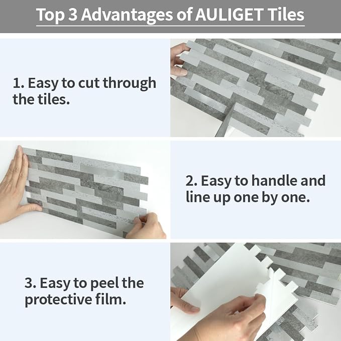 AULIGET 20 Sheets Faux Stone Peel and Stick Backsplash, Grey Slate Look PVC Wall Tile Stick on Backsplash for Kitchen and Bathroom