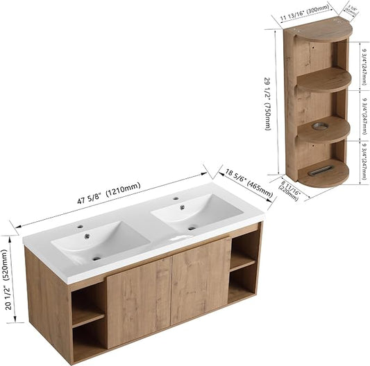 Floating Bathroom Vanity, 48" Bathroom Storage Cabinet with Double Resin Sinks, 2 Soft-Close Doors & 4 Open Storage Shelves, Wall-Mounted Vanity with Extra Three-Layer Spacious Shelves, Oak