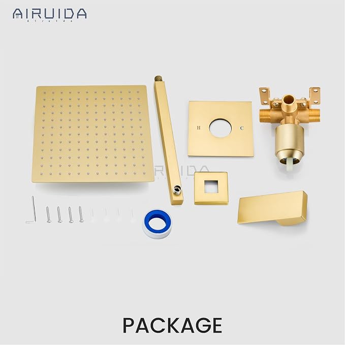Airuida Shower Faucet Set,10 Inch Shower Valve Kit,Brushed Gold | Male Threads,Rough-in Valve Shower Trim Kit,Single Handle Control Shower Set