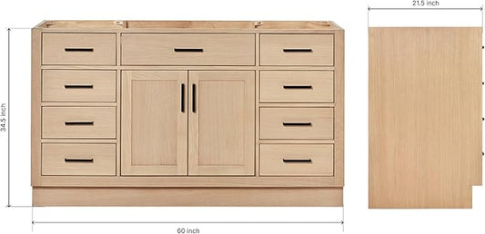 ARIEL Hepburn 60-inch Bathroom Vanity Base Cabinet,Solid Wood, 2 Soft Closing Doors, 9 Dovetail Drawers, White Oak