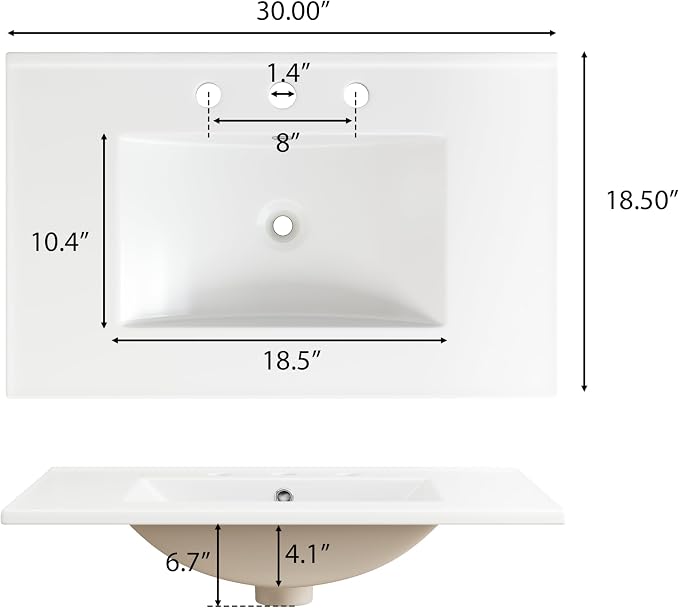 30 Inch Walnut Mid-Century Bathroom Vanity with Ceramic Basin Sink, Space Saving Bathroom Storage Cabinet with Sink & Dual Hidden Drawers & Open Bottom Shelf, Fluted Door Panel (Walnut Style2, 30")