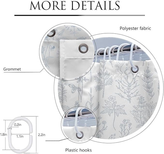 Coxila Vintage Floral Shower Curtain Blue and White Flower Retro Cute Rustic Country Spring Summer Fun Boho Plant Botanical Wildflower Pretty Leaf Bathroom 60 x 72 Inch Polyester Fabric 12 Pack Hooks