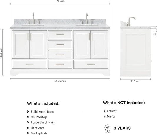 ARIEL Stafford 72-inch Bathroom Vanity with Sink,Solid Wood, 1.5-inch Italian Carrara Marble Countertop, Double Rectangular Porcelain Sink, 4 Soft Closing Doors, 6 Dovetail Drawers, White