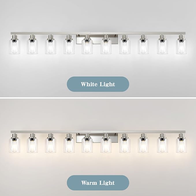 Brushed Nickel Bathroom Vanity Light,10-Light Vanity Lights with Clear Glass,64.5in Modern Bathroom Wall Lights Fixtures Over Mirror,Wall Sconces Lighting for Bedroom Living Room,E26