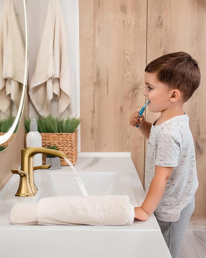 Fapully Brushed Gold Bathroom Faucet 3 Hole, Waterfall 8 Inch Widespread Bathroom Sink Faucet with Pop-up Drain, Two-Handle Faucet for Bathroom Sink