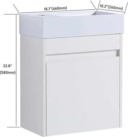 18 Inch Bathroom Vanity with Sink,Wall Mounted Bathroom Vanity Sink Combo with Soft Close Door for Small Space,Modern Floating Bathroom Vanity with Top Basin & Storage Cabinet,White