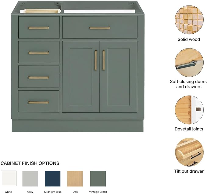 ARIEL Hepburn 36-inch Bathroom Vanity Base Cabinet,Solid Wood, 2 Soft Closing Doors, 5 Dovetail Drawers, Vintage Green
