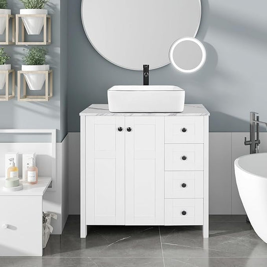 32" White Bathroom Vanity with Marble Texture Top and 4 Drawers, Modern Standing Pedestal Cabinet Without Sink