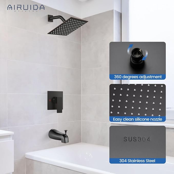Airuida 8 Inch Shower Faucet Set,Bathtub Faucet Kit,Oil Rubbed Bronze | Shower Tub Faucet Set,Male Threads Rough-In Valve,Square Head Shower System