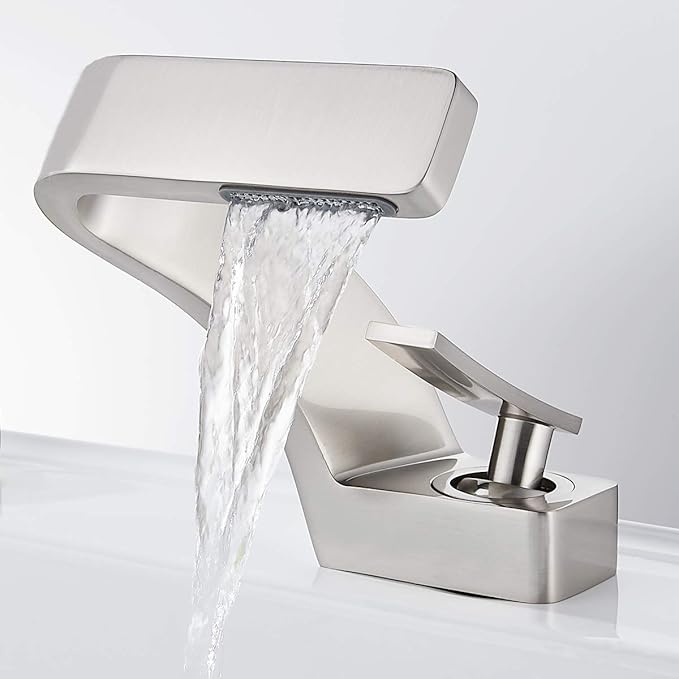becola Bathroom Sink Waterfall Faucet,Solid Brass Single Handle Hot and Cold Water Mixer Tap, Lavatory Vanity Sink Faucet Including Two US Standard 3/8" Hoses(Brushed Nickel)