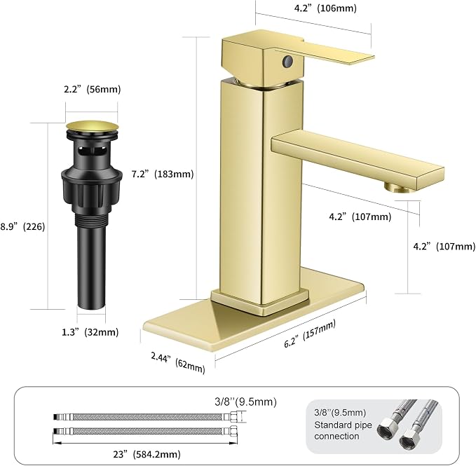 Brushed Gold Bathroom Faucet Single Hole RV Sink Vanity Faucet | Comes with Pop-Up Bathroom Drain, Single Handle for Easy Operation, Compatible with 1-Hole or 3-Hole Installation