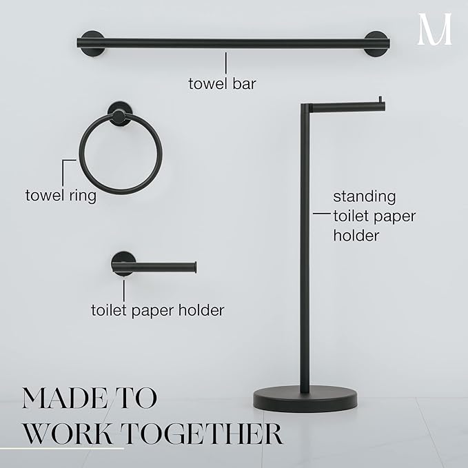 Marmolux Acc 2 PCS Matte Black Bathroom Hardware Set - Hand Towel Holder for Bathroom Wall + Black Toilet Paper Holder Wall Mount | Towel Holder Hanger Rack Stainless Steel Bathroom Set - Towel Rack