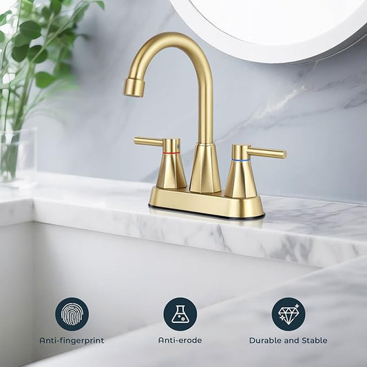 4 inches Bathroom Faucet for 3 Hole,2-Handle Bathroom Sink Faucets with Pop Up Drain (Brush Gold)