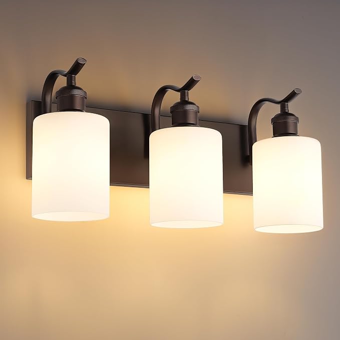 3-Light Bathroom Vanity Light,White Frosted Glass,Oil Rubbed Bronze | 19.6 Inch Over Mirror Wall Light,E26 sockets,for bathroom mirror,powder room,dressing area
