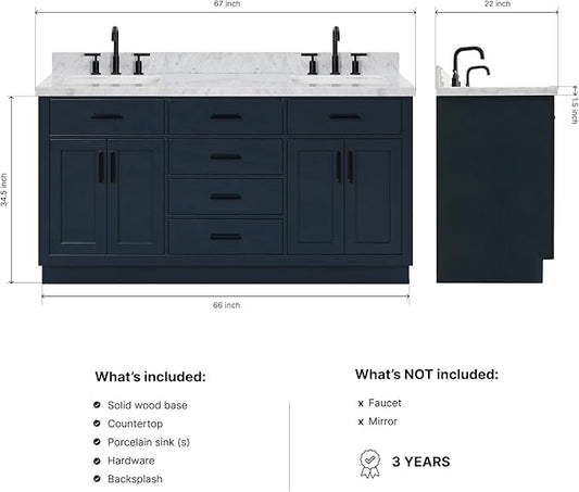 ARIEL Hepburn 66-inch Bathroom Vanity with Sink,Solid Wood, 1.5-inch Italian Carrara Marble Countertop, Double Rectangular Porcelain Sink, 4 Soft Closing Doors, 6 Dovetail Drawers, Midnight Blue