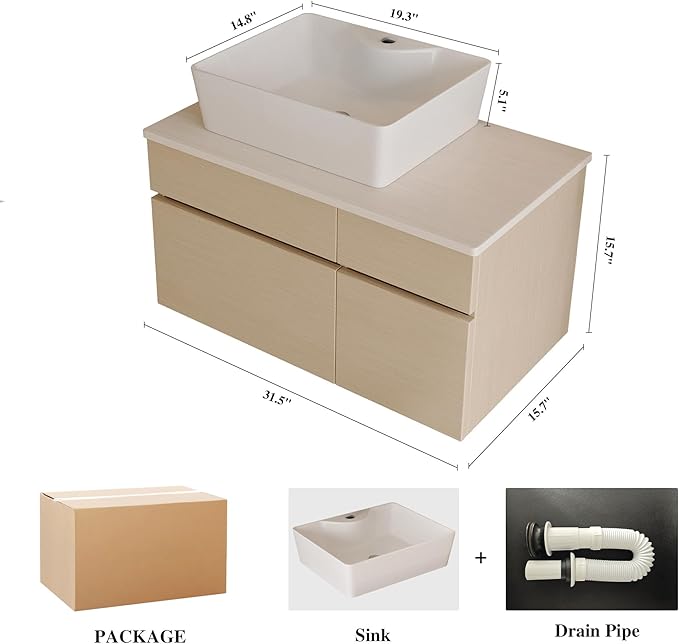 31.5" Bathroom Vanity with Counter Top Sink Combo, Wall Mounted Bathroom Cabinet with Ceramic Vessel Sink, 2 Soft Close Cabinet Doors & Drawer, Floating Modern Bath Vanity for Small Space