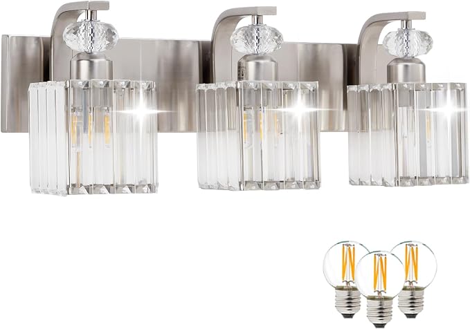 3-Light Bathroom Vanity Light Fixtures Over Mirror, Crystal Sconce | 20.5-inch Nickel Modern Wall Light for Bedroom Vanity Living Room Hallway, Ceramic E26 Lamp sockets, Includes 3 LED Bulbs
