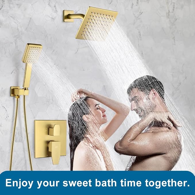 9246-88G POP SANITARYWARE Shower Faucet Set Brushed Gold 6 Inch Thickened Shower Head and Handle Set Shower System Wall Mounted Shower Fixture Include Shower Valve and Trim Kit