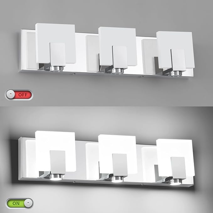 SOLFART Bathroom Vanity Lights Over Mirror 3 Lights Modern Chrome Bath Light Fixtures Stainless Steel Acrylic Shade