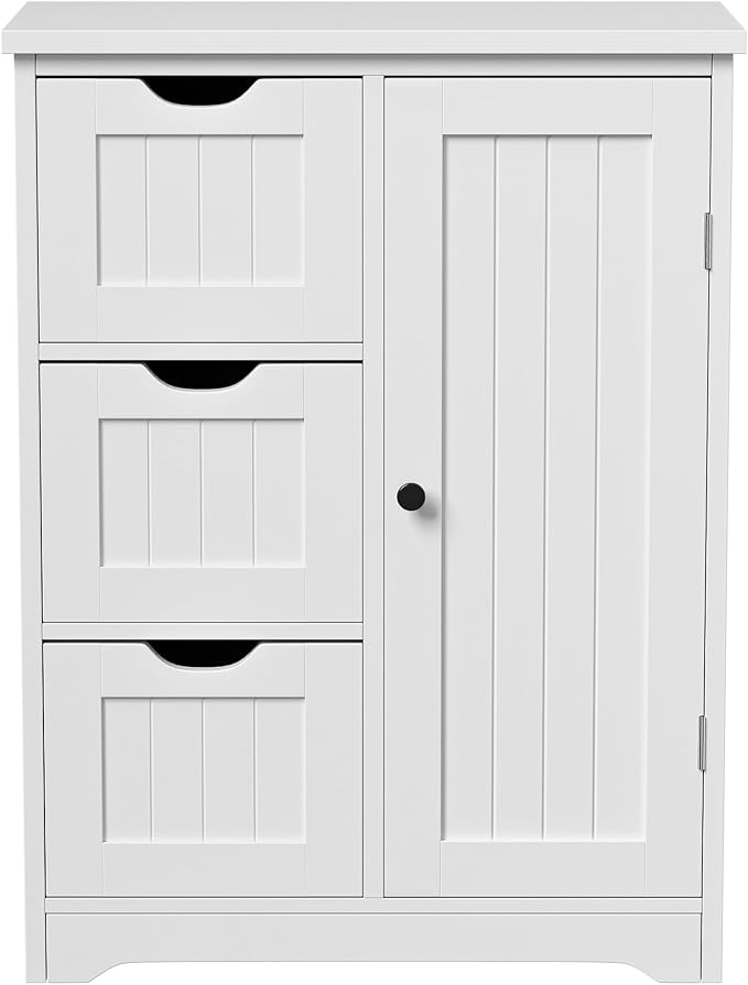 SUPER DEAL Bathroom Storage Cabinet with 3 Drawers and 1 Door, Entryway Home Decor Furniture Towels Storage Organizer Unit, White