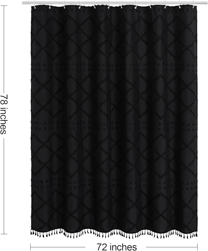 Black Boho Woven Fabric Shower Curtain with Tassel 72x78, Tufted Textured | Modern Farmhouse Curtain for Bathroom, Long Bathroom Curtain, Minimalist Decor, Waterproof
