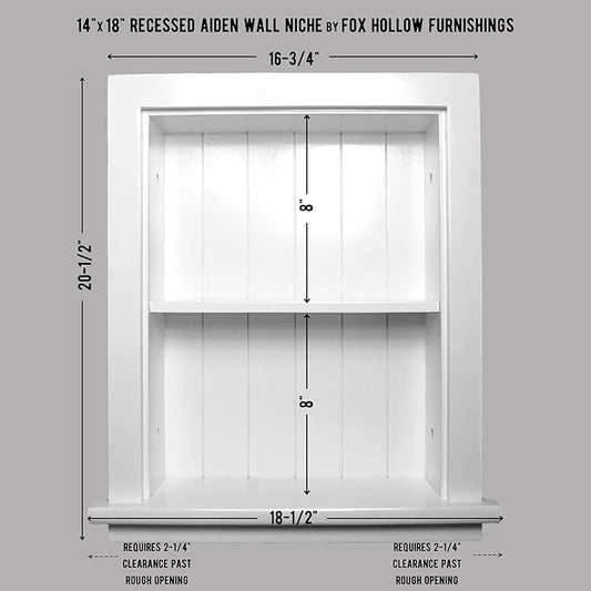 Fox Hollow Furnishings 14x18 Aiden Recessed Wall Niche Medicine Cabinet Replacement, in The Wall Bathroom Cabinet Insert Shelf/Shelves, Made in North America, Real Wood, NO MDF, Beadboard, White