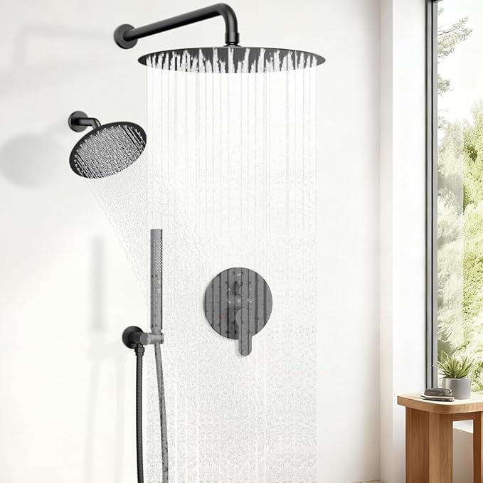 Shower Systems STARBATH 12+6" Round Dual Rainfall Shower Head with Handheld Spray for Two People, Wall Mounted 3 Way Rain Shower Faucet Sets Complete, Included Valve and Trim Kit, Matte Black