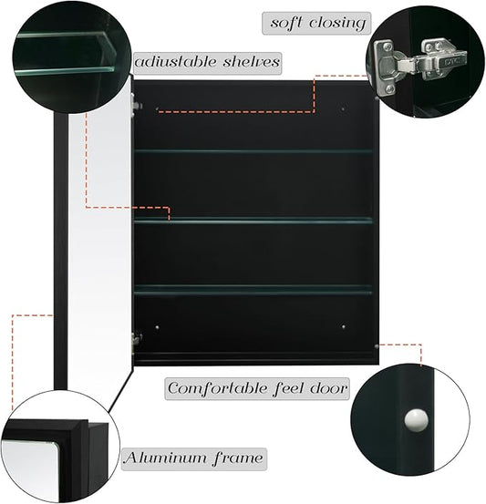 24”x30” Medicine Cabinet with Aluminum Frame,Surface or Recessed Medicine Cabinet Mirror for Bathroom,Bathroom Mirror with Storage,Black