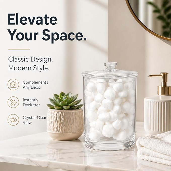 ForPro Clear Acrylic Apothecary Jar with Lid, 60 Oz Shatterproof Bathroom Vanity Organizer, Cotton Ball Holder, Qtip Storage Container Canister for Kitchen, Laundry, Office Decor, 7.75" x 5"