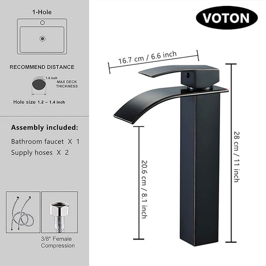 VOTON Vessel Sink Faucet Oil Rubbed Bronze Modern Tall Waterfall Bathroom Sink Faucet Single Handle Bathroom Faucet 1 Hole Bowl Lavatory Vanity Faucet, Rv Sink Camper Farmhouse Bathroom Faucet