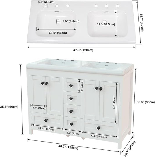 48" Bathroom Vanities with Sink Combo, Modern Double Bathroom Vanity with 4 Doors & 5 Drawers, Freestanding White Bathroom Cabinet with Double Ceramic Sink, White
