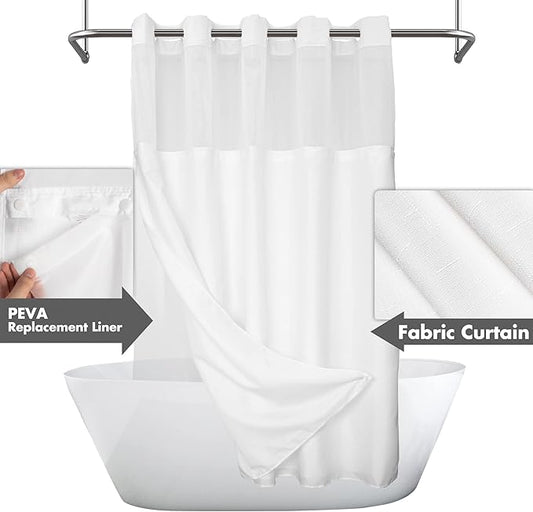 River Dream Extra Long No Hook Shower Curtain with Snap-in Liner, White | 71W x 86H, Snap on/off Waterproof PEVA Liner, See Through Top Window, Slub Textured, XL Hotel Style Shower Curtain Set
