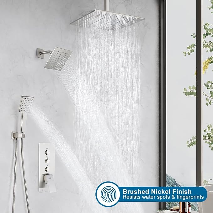 Shower Faucet Set Brushed Nickel Bathroom Rainfall Shower System, 12 Inch Ceiling Mount Shower Head with 6 Inch Wall Mount Shower Head, Include Shower Valve and Trim Kit