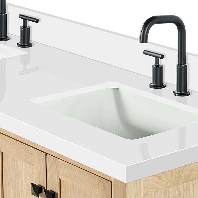 ARIEL 61 inch Double Bathroom Vanity top with Sink, 1.5 Inch Thick Miter Edge White Quartz top, Rectangle Double Sink Vanity top, Includes Backsplash