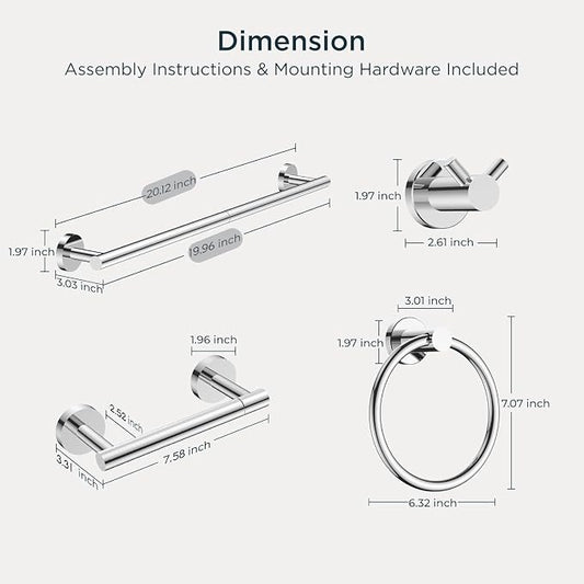 FORIOUS Bathroom Accessories, 4-Piece Bathroom Hardware Set - 18" Towel Bar | Chrome | Towel Hooks, Towel Racks for Bathroom, Toilet Paper Holder Wall Mounted & Towel Ring | SUS304 Stainless Steel