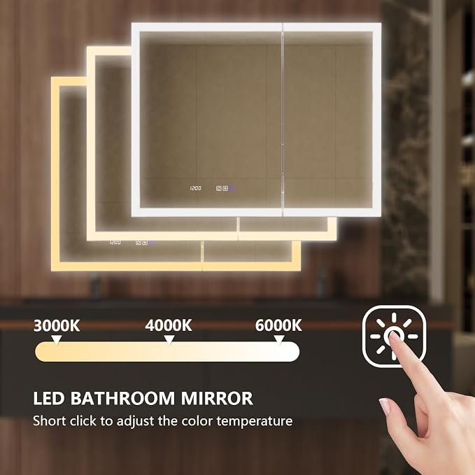 42 in. W Smart Lighted Medicine Cabinet with Mirror for Bathroom, Recessed/Surface Mount Medicine Cabinet with Anti-Fog, 1800W Charging Station, USB Ports, 3 Color Lights