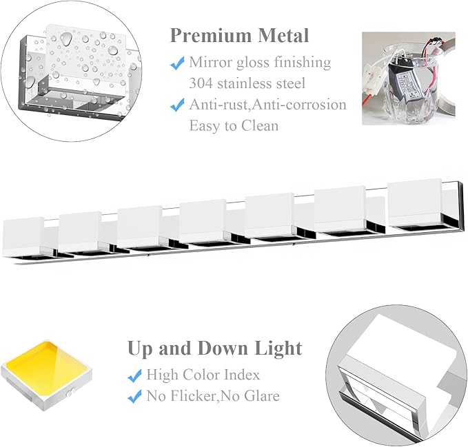 Tipace LED Modern Bathroom Vanity Light Fixtures, 7 Lights Chrome Vanity Lighting for Bathroom Wall Lights Up and Down LED Light Fixtures Over Mirror(White Light 6000K)