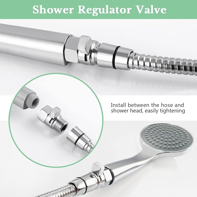 APLusee G 1/2 Water Flow Shut off Valve for Bathroom Shower Head, Chrome | Solid Brass, Adjustable Shower Flow Restrictor with On Off Switch for Family, Control and Save Water