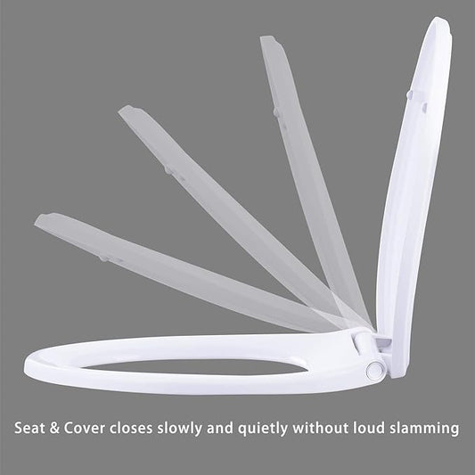Hibbent Premium Elongated Toilet Seat with Quiet Close, One-Click to Quick Release, Installation Non-Slip Seat Bumpers, Slow Toilet Seat and Cover, Cleaning-White Color